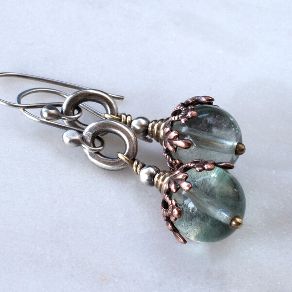 GREEN FLUORITE FILIGREE MIXED METAL EARRINGS WITH 935 ARGENTIUM SILVER EAR WIRES