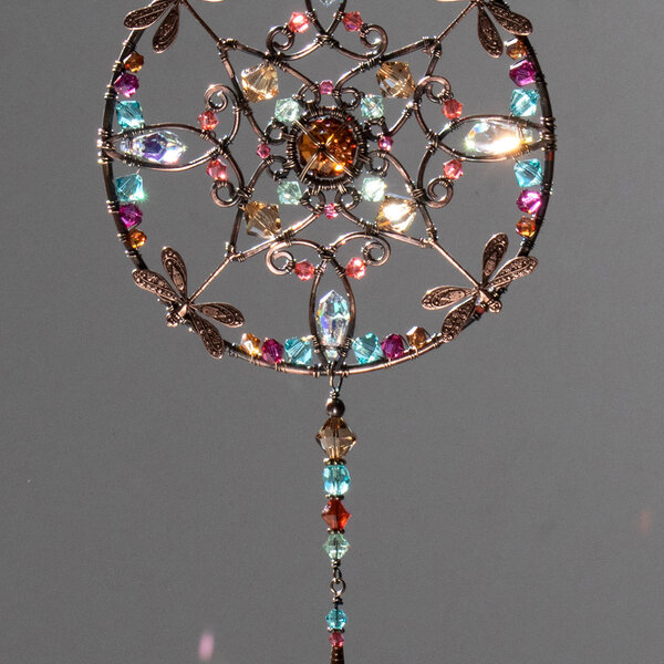 DRAGONFLY MANDALA SWAROVSKI CRYSTAL WINDOW SUNCATCHER IN MIXED METALS