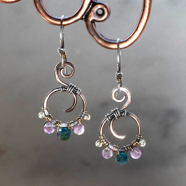 APATITE, FLUORITE & PERIDOT DROP EARRINGS IN MIXED METALS WITH STERLING SILVER EAR WIRES