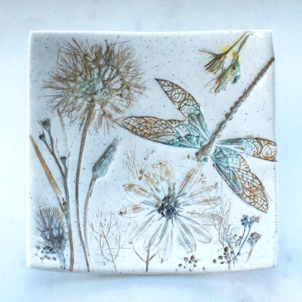 CURVED SQUARE RING DISH WITH A DRAGONFLY, DANDELIONS & DAISY