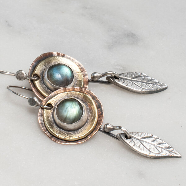 LABRADORITE LEAF EARRINGS IN MIXED METALS WITH 935 ARGENTIUM SILVER EAR WIRES