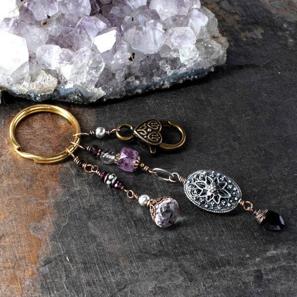 BALI BEAD AND GEMSTONE MIXED METAL KEYRING / KEY CHARM / BAG CHARM