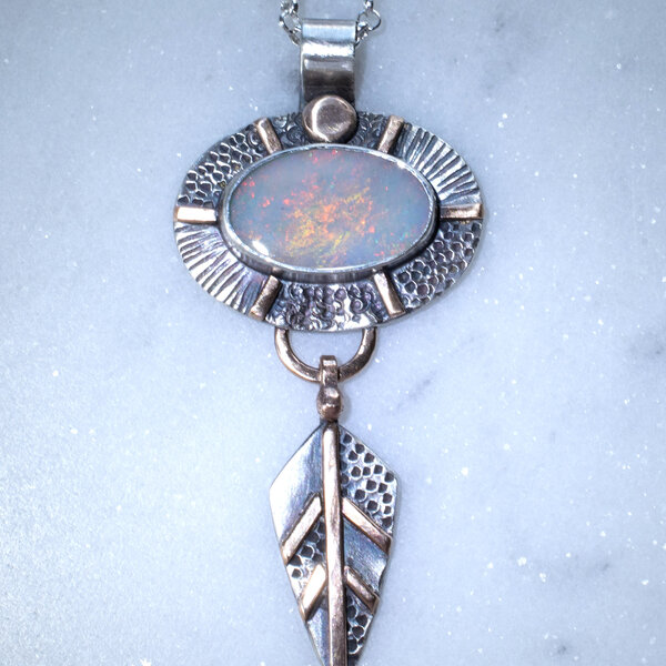 SOLID AUSTRALIAN OPAL, STERLING SILVER AND BRONZE PENDANT NECKLACE