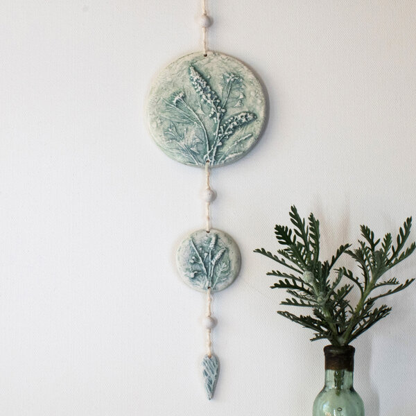 BOTANICAL BAS RELIEF SCULPTURE WALL HANGING IN AZURE BLUEY SAGE