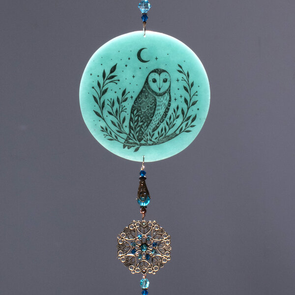 THE OWL AND THE MOON .... WINDOW SUNCATCHER WITH SWAROVSKI CRYSTALS