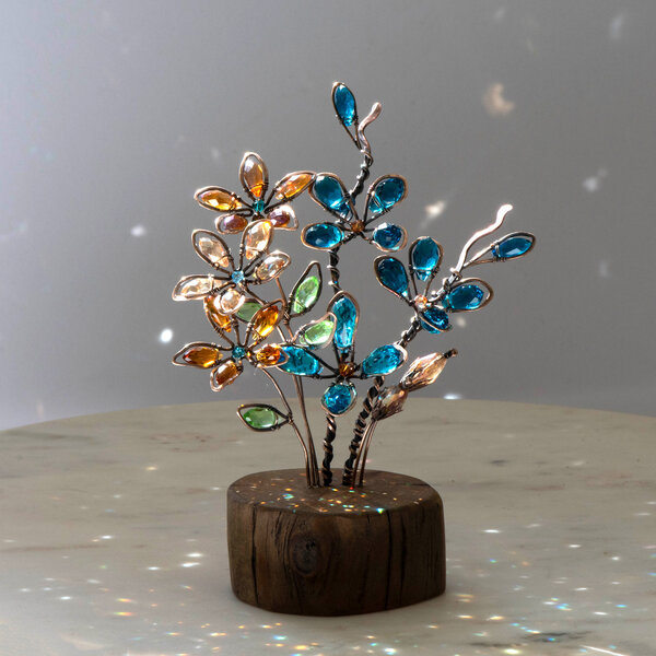 BOUQUET OF CRYSTAL FLOWERS ON A WOOD SLICE ... IKEBANA INSPIRED WINDOWSILL SUNCATCHER