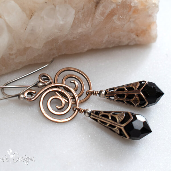 BLACK SWAROVSKI CRYSTAL FILIGREE EARRINGS IN MIXED METALS WITH STERLING SILVER EAR WIRES