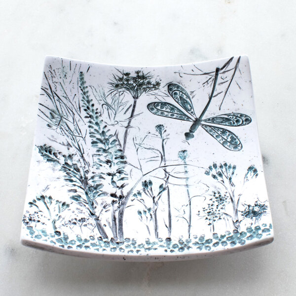 CURVED SQUARE RING DISH WITH A DRAGONFLY, HEBE FLOWERS & WILDFLOWERS