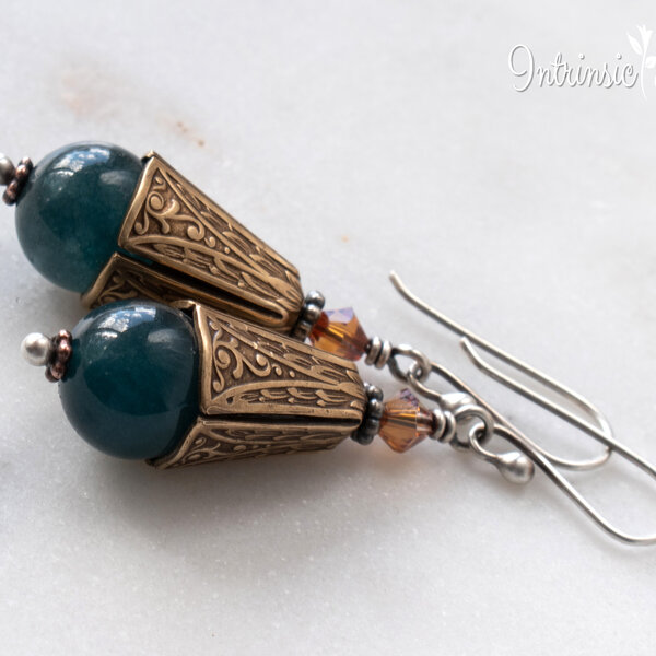 BERYL STONE & SWAROVSKI CRYSTAL, BRASS & STERLING SILVER EARRINGS