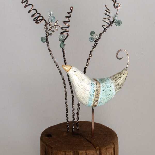 WHIMSICAL CERAMIC BIRD WITH GEMSTONE FLOWERS ON A LOG ... WINDOWSILL SUNCATCHER