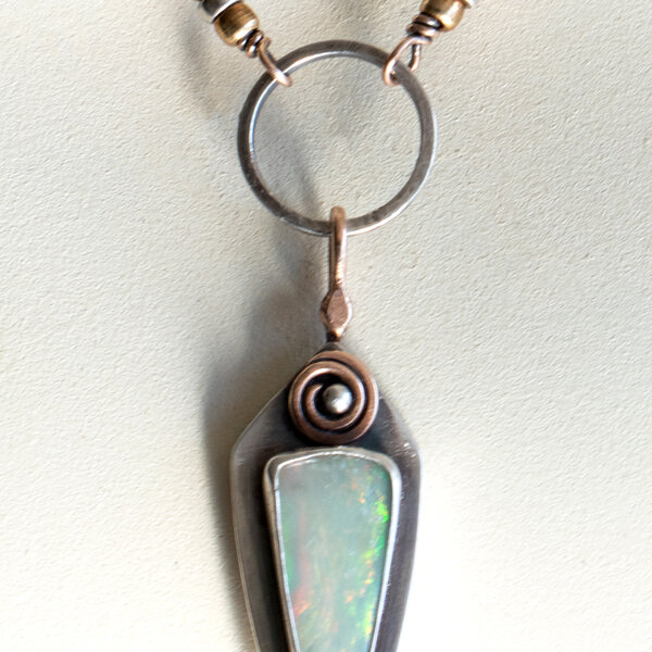 ELONGATED AUSTRALIAN SOLID OPAL STERLING SILVER AND MIXED METAL NECKLACE