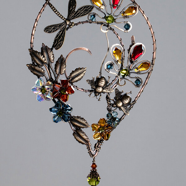 DRAGONFLY AND BEE SWAROVSKI CRYSTAL WINDOW SUNCATCHER IN MIXED METALS
