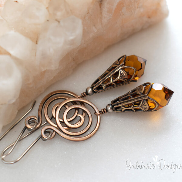 TOPAZ SWAROVSKI CRYSTAL FILIGREE EARRINGS IN MIXED METALS WITH STERLING SILVER EAR WIRES