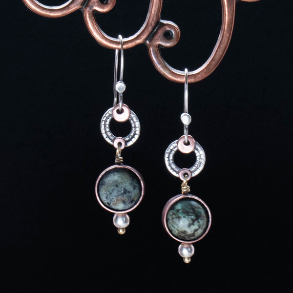 GREEN TURQUOISE DROP EARRINGS IN MIXED METALS WITH 935 ARGENTIUM SILVER EAR WIRES