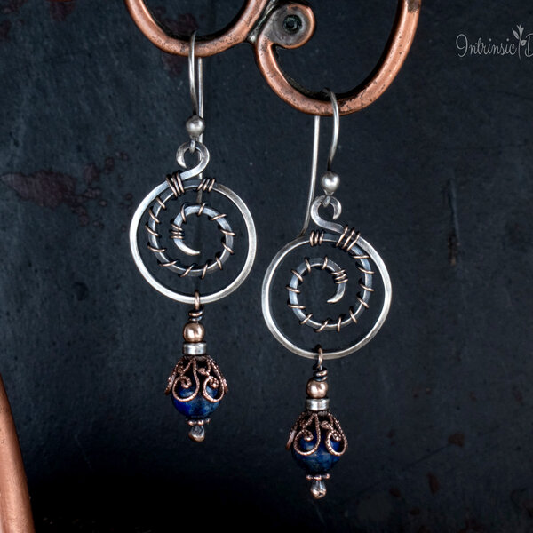 LAPIS LAZULI SPIRAL EARRINGS IN STERLING SILVER AND MIXED METALS WITH STERLING SILVER EAR WIRES