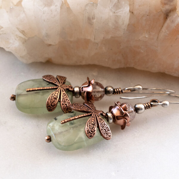 PREHNITE AND MELODY STONE DRAGONFLY EARRINGS WITH 935 ARGENTIUM SILVER EAR WIRES