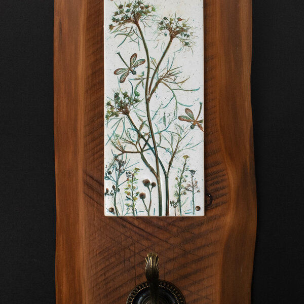 CYPRESS PINE, DRAGONFLY, COW PARSLEY AND WILDFLOWER PLAQUE COAT / BAG / HAT RACK