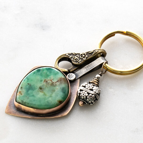 AUSTRALIAN CHRYSOPHRASE AND STERLING SILVER BALI BEAD KEYRING / BAG KEY CHARM / KEY CHARM