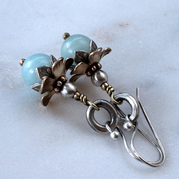AMAZONITE FLORAL  MIXED METAL EARRINGS WITH 935 ARGENTIUM SILVER EAR WIRES