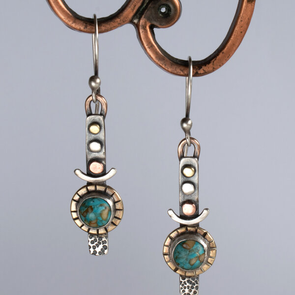 TURQUOISE DANGLE MEXICAN INSPIRED EARRINGS IN STERLING SILVER WITH STERLING SILVER EAR WIRES