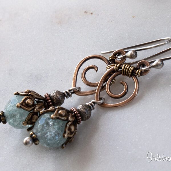 NATURAL AQUAMARINE, STERLING SILVER AND BRASS EARRINGS