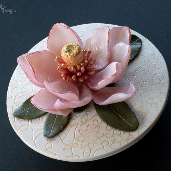 MAGNOLIA FLOWER TRINKET DISH WITH LID IN OVEN BAKED POLYMER CLAY
