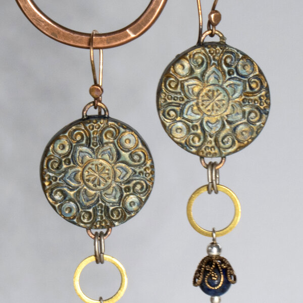 POLYMER CLAY TILE AND LAPIS LAZULI EARRINGS WITH STERLING SILVER EAR WIRES