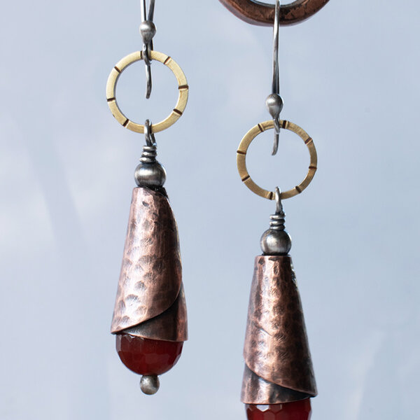 CARNELIAN AGATE COPPER CONE EARRINGS IN MIXED METALS WITH STERLING SILVER EAR WIRES