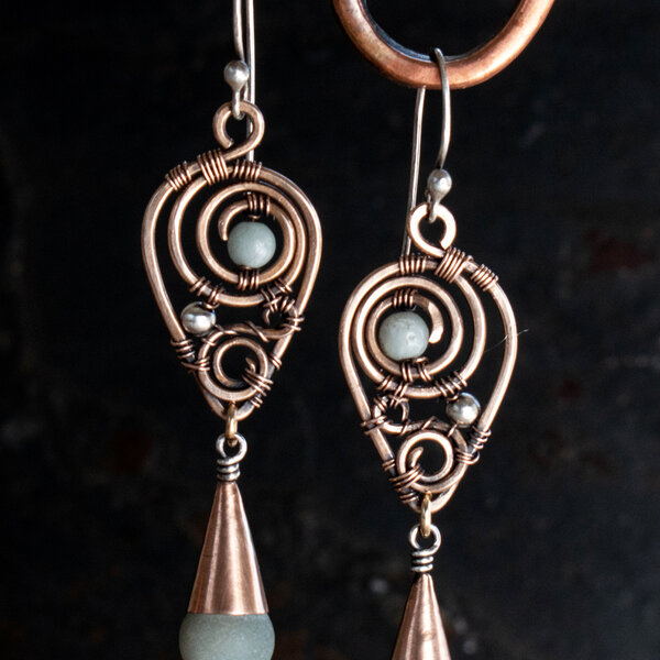 AMAZONITE SPIRAL CONE EARRINGS IN MIXED METALS WITH 935 ARGENTIUM SILVER EAR WIRES