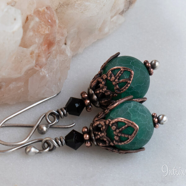 CRACKED MATTE AGATE & SWAROVSKI CRYSTAL COPPER FILIGREE & STERLING SILVER EARRINGS