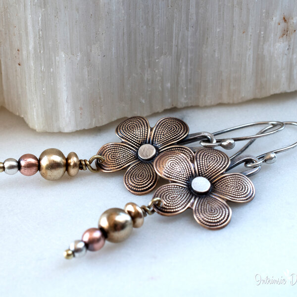 FLORAL MIXED METAL EARRINGS WITH 935 ARGENTIUM SILVER EAR WIRES