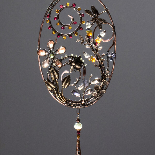 DRAGONFLY & BEE GEMSTONE WINDOW SUNCATCHER IN MIXED METALS WITH A SWAROVSKI CRYSTAL PENDANT