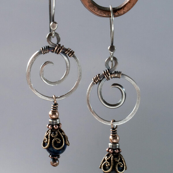 LAPIS LAZULI SPIRAL EARRINGS IN STERLING SILVER AND MIXED METALS WITH STERLING SILVER EAR WIRES