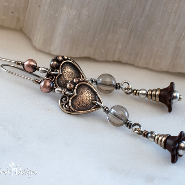 SMOKEY QUARTZ AND LUCITE FLORAL MIXED METAL EARRINGS WITH 935 ARGENTIUM SILVER EAR WIRES