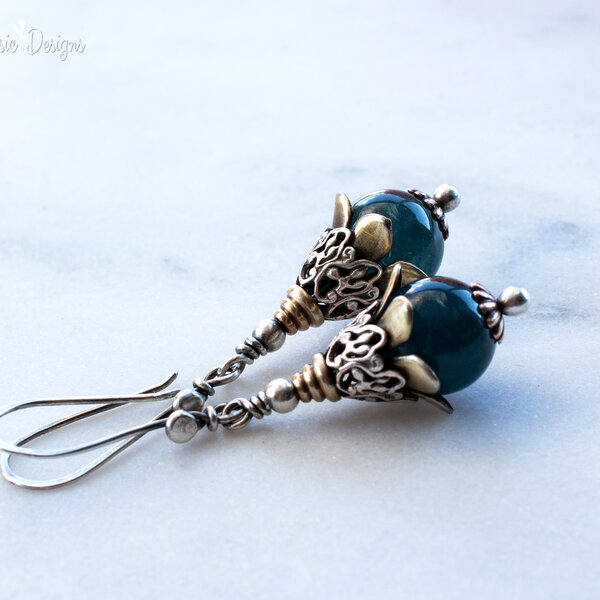 BERYL STONE FLORAL MIXED METAL EARRINGS WITH 935 ARGENTIUM SILVER EAR WIRES
