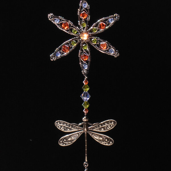 DRAGONFLY FLOWER SWAROVSKI CRYSTAL WINDOW SUNCATCHER IN MIXED METALS