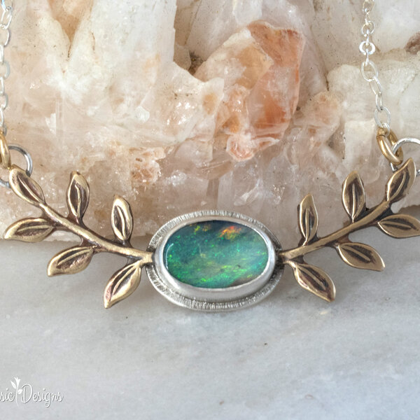 AUSTRALIAN OPAL STERLING SILVER AND MIXED METAL NECKLACE