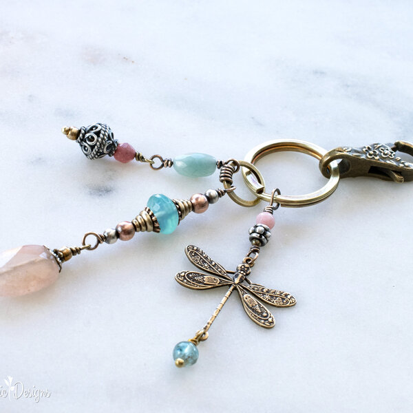 DRAGONFLY AND GEMSTONE MIXED METAL PURSE KEYRING