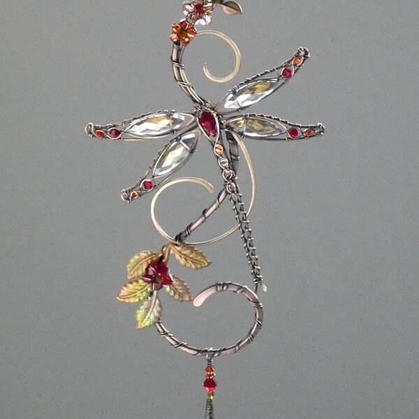 DRAGONFLY SWAROVSKI CRYSTAL WINDOW SUNCATCHER IN RED, AMBER & GOLD WITH MIXED METALS