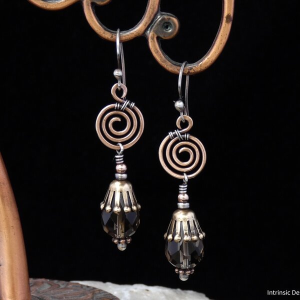 SMOKEY QUARTZ MIXED METAL EARRINGS