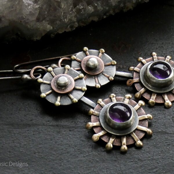 “SEA URCHIN” AMETHYST MIXED METAL EARRINGS WITH 935 ARGENTIUM SILVER EAR WIRES