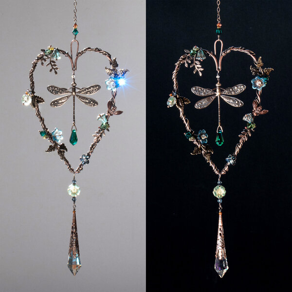 DRAGONFLY BEE HEART SWAROVSKI CRYSTAL WINDOW SUNCATCHER IN MIXED METALS