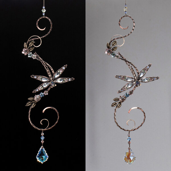 PASTEL DRAGONFLY ON A BRANCH WITH SWAROVSKI CRYSTALS WINDOW SUNCATCHER IN MIXED METALS