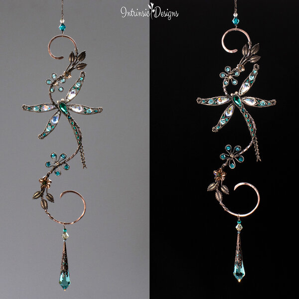 DRAGONFLY ON A BRANCH SWAROVSKI CRYSTAL WINDOW SUNCATCHER IN MIXED METALS
