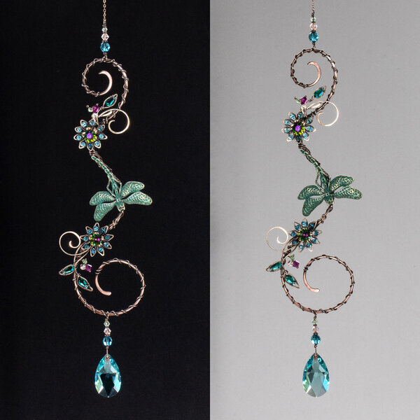 DRAGONFLY ON A BRANCH WITH SWAROVSKI CRYSTALS WINDOW SUNCATCHER IN MIXED METALS