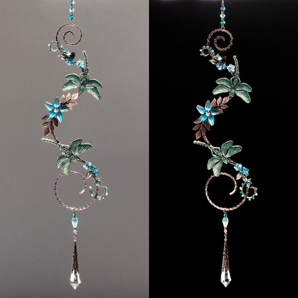 TWO DRAGONFLIES ON A BRANCH SWAROVSKI CRYSTAL & CZECH GLASS  WINDOW SUNCATCHER IN MIXED METALS