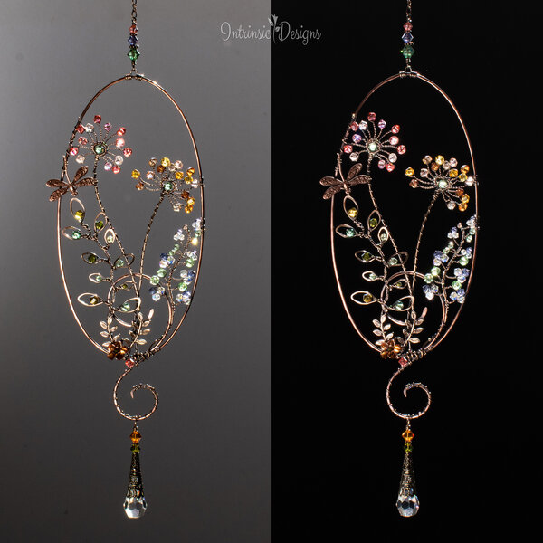 DRAGONFLY WILDFLOWER SWAROVSKI CRYSTAL WINDOW SUNCATCHER IN MIXED METALS