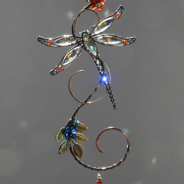 DRAGONFLY SWAROVSKI CRYSTAL WINDOW SUNCATCHER IN AMBER, BLUE, GOLD & GREEN WITH MIXED METALS