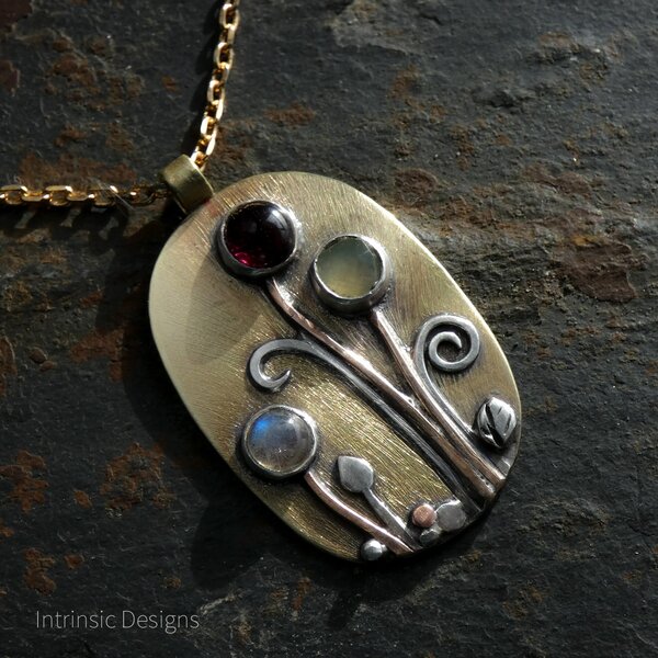 LABRADORITE, RED GARNET & SEAFOAM CHALCEDONY BUD FLOWERS ON BRASS MIXED METAL PENDANT NECKLACE