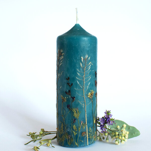 RESERVED FOR DENISE ...  BEESWAX BOTANICAL PILLAR CANDLE